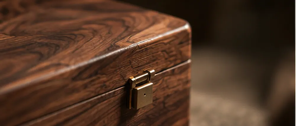 Brass clasp on a figured walnut box