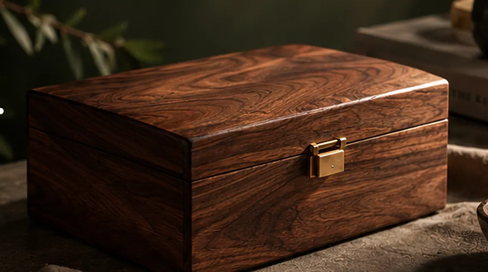 A walnut keepsake box with a brass clasp